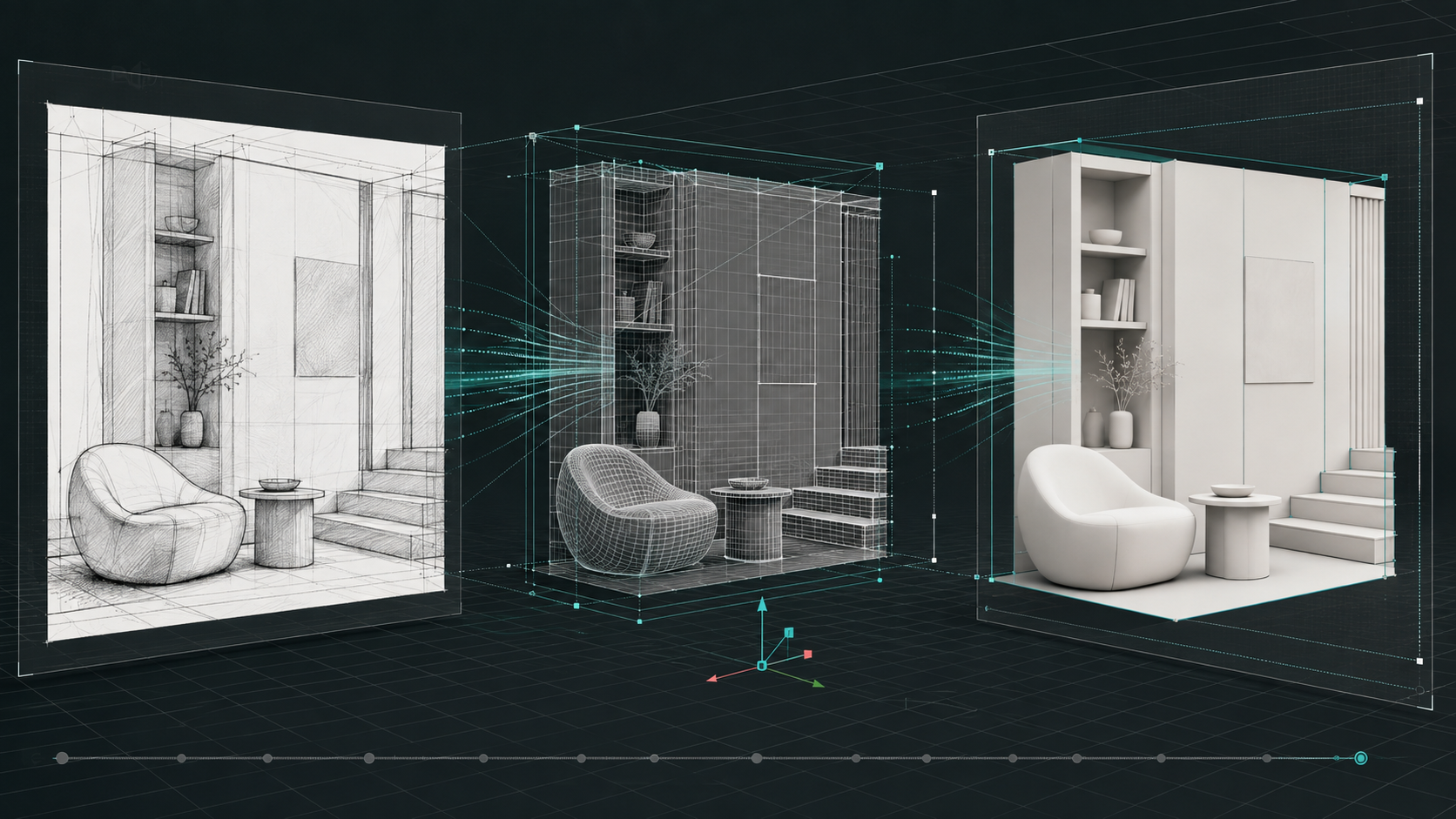 Architecture concept transforming into a clean 3D model